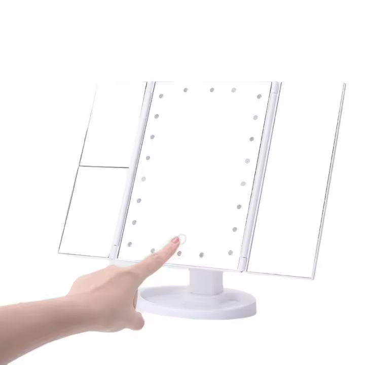 Espejo Maquillaje Luz Led Aumento 1X, 2X, 3X Iluminación 16 Led Ajustable Rotación 180º Espejo Base Tocador Táctil  Plegable Tri-Fold Maquillaje Cosmético Funciona con cable USB o Baterías - 1