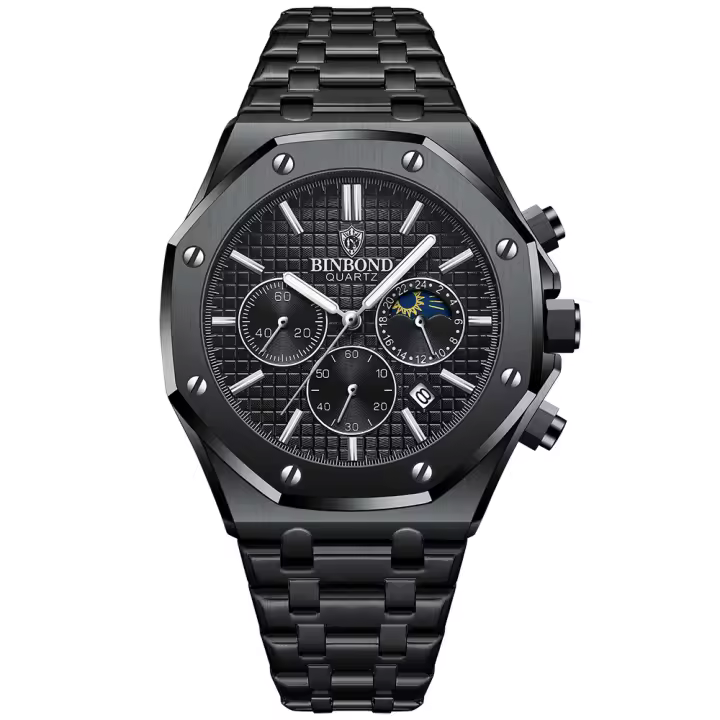 Reloj De Cuarzo Para Hombre BINBOND Marca Luminoso Chronógrafo Lujo Acero Inoxidable Impermeable Con Fecha Y Calendario - 1