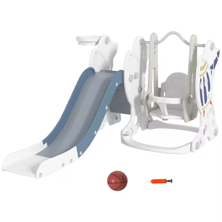 AIYAPLAY Juego de Tobogán y Columpio para Niños 3 en 1 Columpio para Niños de 18-48 Meses Tobogán para Bebés con Aro de Baloncesto Carga 30 kg 150x185x92 cm Blanco y Azul - 1