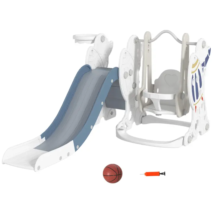 AIYAPLAY Juego de Tobogán y Columpio para Niños 3 en 1 Columpio para Niños de 18-48 Meses Tobogán para Bebés con Aro de Baloncesto Carga 30 kg 150x185x92 cm Blanco y Azul - 1
