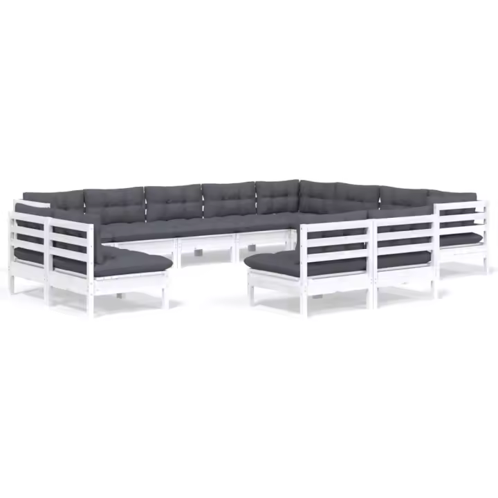 vidaXL Muebles de jardín 12 pzas y cojines blanco madera maciza pino - 1