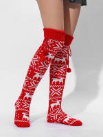 Calcetines De Navidad Para Mujer Con Patrón De Reindeer Over-the-Knee Gruesos Y Calurosos Con Pompom Calcetines De Invierno - details 4
