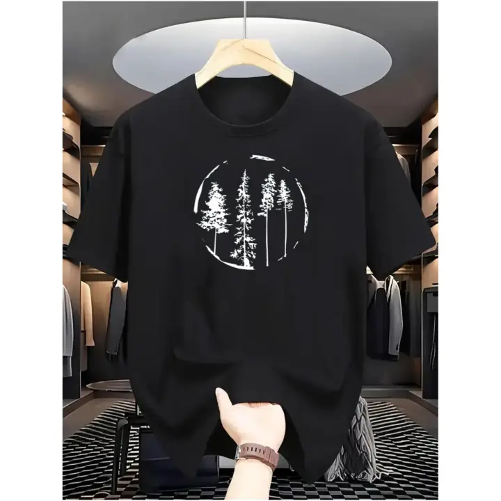 Men's 100% Cotton Casual T-Shirt with Wood Print – Crew Neck, Short Sleeve, Brown, Everyday & Weekend Wear, Lightweight & Breathable for All Seasons, Casual Casual Attire | Wood Pattern Print | 100% Cotton Shirt - 1