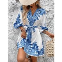 Vestido Casual De Mujer Con Cinturón Y Manga Media Estampado Comodidad Versatilidad Talla S-XXL Estilo Fit And Flare - details 4