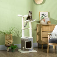 PawHut Árbol Rascador para Gatos Torre para Gatos Altura 110 cm con Caseta de Felpa Plataformas Postes de Sisal y Pelotas de Juguete 48x48x110 cm Crema y Gris - details 1
