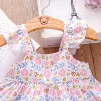 Conjunto De 2 Vestidos Y Sombreros Para Niñas Verano Estampado Floral Con Lazo Sleeves Volantes Con Suspensión Vestido De Polyester Para Bebés De 1-2 Años - details 9