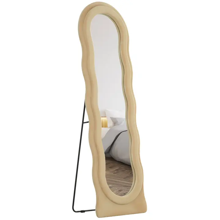 HOMCOM Espejo de Cuerpo Entero 160x50 cm Espejo de Pie o de Pared Diseño Ondulado Marco con Tela de Terciopelo para Salón Dormitorio - 1