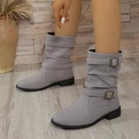 Botas De Tacón Bajo Para Mujer 2024 Moda Denim Con Hebilla Decorativa Botines De Media Calf Winter Roman round Toe Workwear Fiesta - details 2