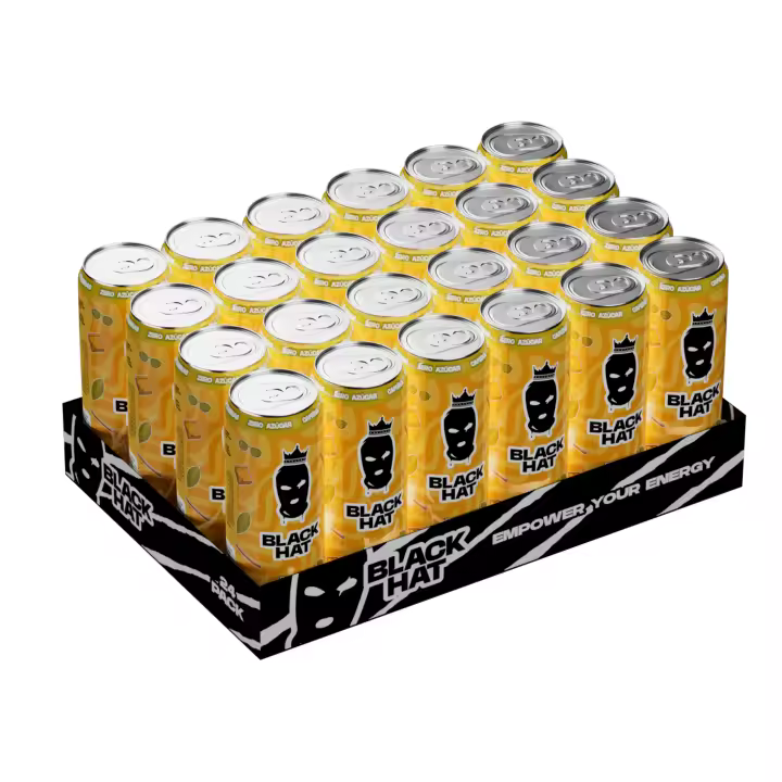 PACK 24 LATAS   Bebida energética Black Hat Mango by Pablo G. Show  Impulsa tu energía con esta bebida energética sabor mango del influencer Pablo G. Show - 1
