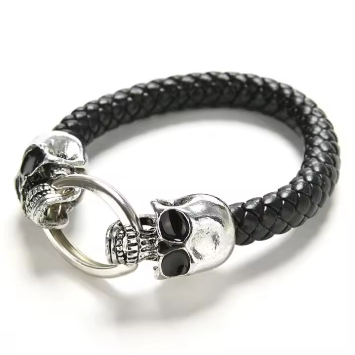Pulsera Calaveras de Piel Trenzada y Acero Inoxidable Cierre Anillo Doble Calavera - 1