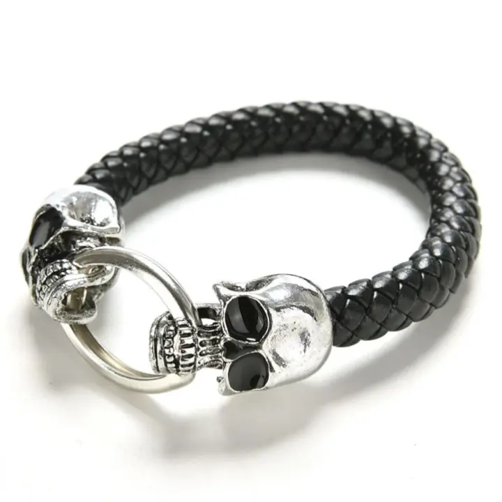 Pulsera Calaveras de Piel Trenzada y Acero Inoxidable Cierre Anillo Doble Calavera - 1