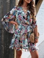 Vestido A-Line De Pierna Larga Para Mujer Con Estampado Floral Elegante Cuello V Manga Corta Estilo Casual Vestido De Verano Primavera - details 15