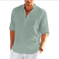 Nueva camiseta de manga larga de lino para hombre, camisa informal holgada de Color sólido, camisa de lino de algodón de manga larga - details 1