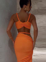 Conjunto De 2 Piezas Ruched Bandage Puss Para Mujer Verano 2025 Traje De Fiesta En Playa Estilo Sexy Con Collar Cuadrado Y Falda Larga Sin Mangas - details 17
