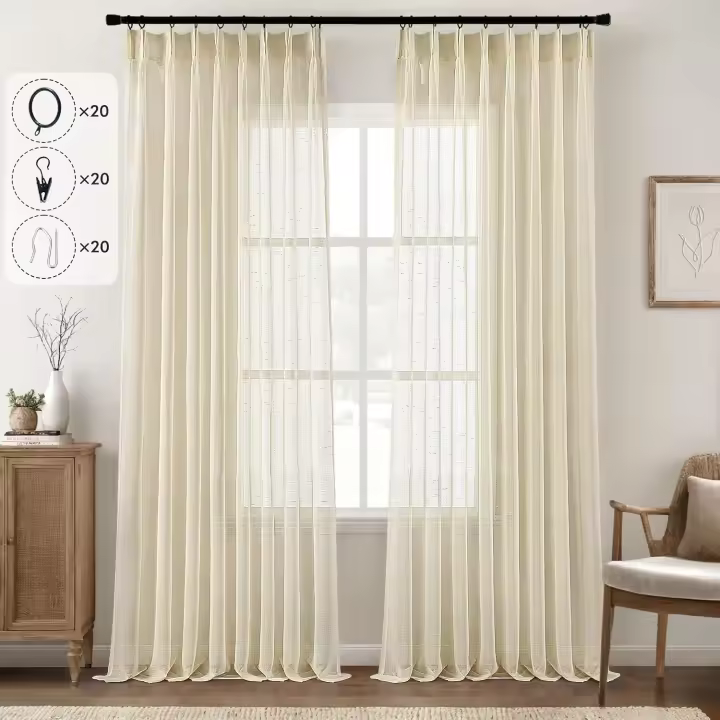MIULEE Visillos Cortinas Translucida Efecto Lino Cortinas Plisadas con Ganchos para Sistema de Riel, Solapa Trasera para Barra, Salón Ventana Habitación Dormitorio,2 Piezas,132X225CM, Lino Blanco - 1
