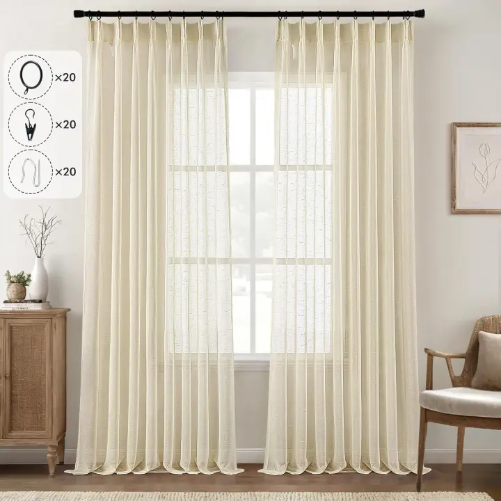 MIULEE Visillos Cortinas Translucida Efecto Lino Cortinas Plisadas con Ganchos para Sistema de Riel, Solapa Trasera para Barra, Salón Ventana Habitación Dormitorio,2 Piezas,132X225CM, Lino Blanco - 1