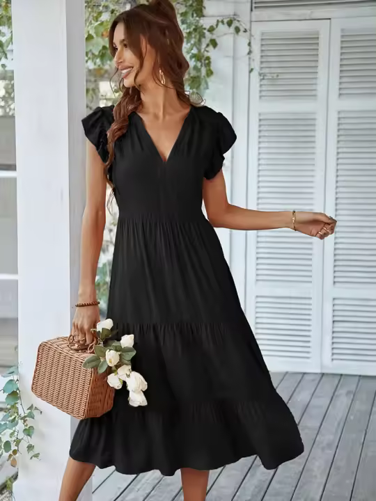 Vestido Largo Medio De Verano Para Mujer Con Manga Volante Y Cuello V Estilo Casual Suelto A-Line Sin Capucha Material Viscosa Y Poliéster - 1