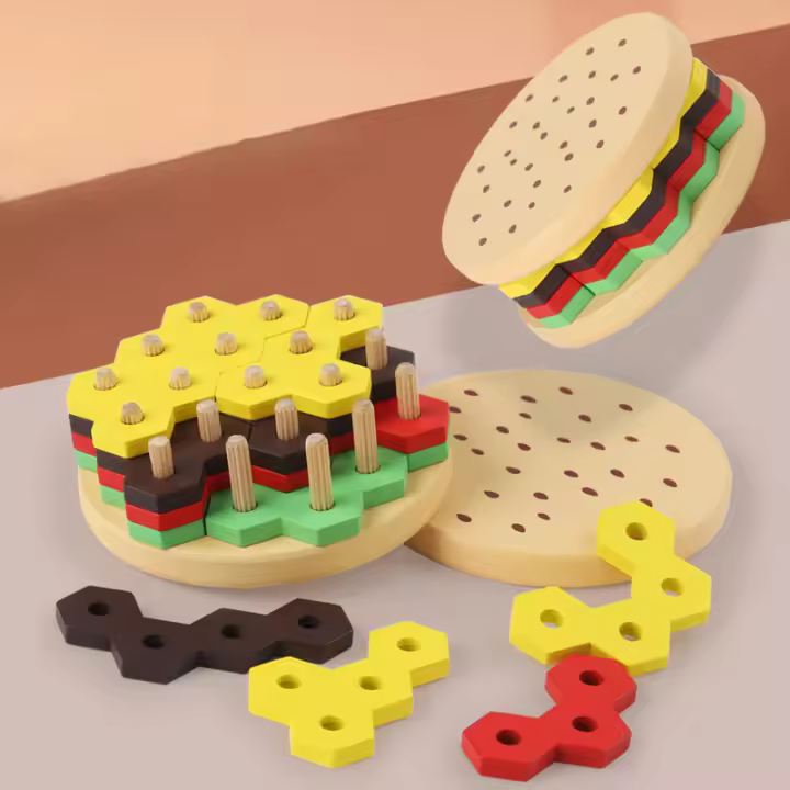 Bloques De Construcción De Hamburguesa Montessori Juguete Educativo Temprano De Madera Para Reconocimiento De Colores Y Juego De Alineación Geométrico Para Niños De 4 a 12 Años - 1