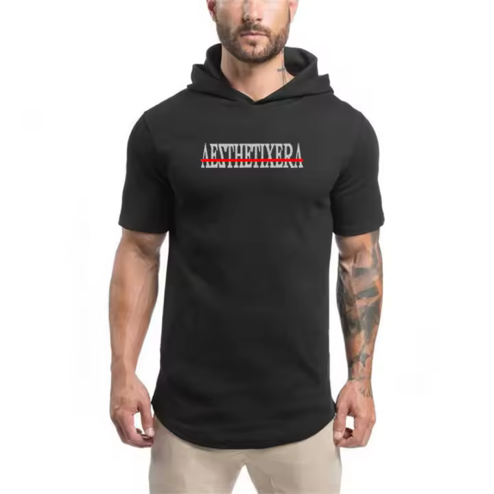 Fashion Short-Sleeved Hooded Print T Shirt Men Casual Fitness Top Hip Hop Loose Streetwear Summer Breathbale Cotton Gym Shirts - 1