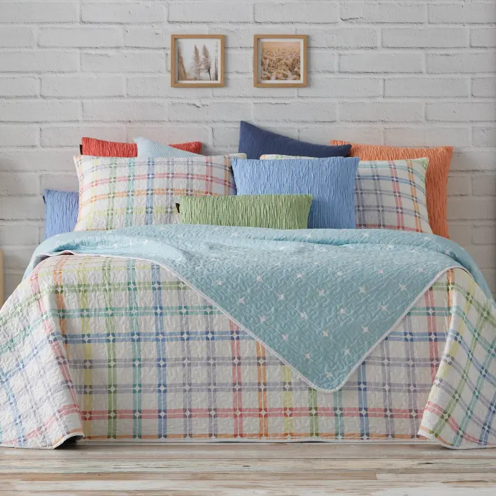 Manterol - Colcha bouti reversible estampado geométrico cuadrados multicolor. Cubrecama ideal para primavera, verano y entretiempo. Colcha fina, extra suave y ligera. - 1