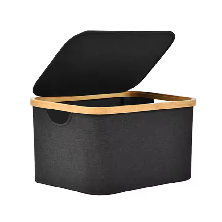 AYA MARKT Caja Almacenaje Plegable con Tapa, Caja Almacenaje de Tela,Cesta Organizadora Plegable,Almacenamiento Decorativo, Marco de Bambú, Cesta con Asas,Rectangular,Color Negro - 1