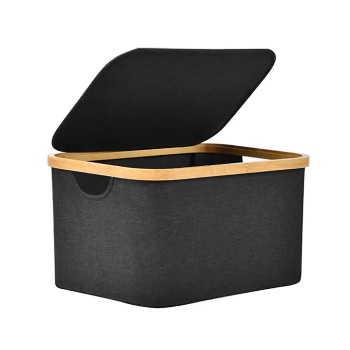 AYA MARKT Caja Almacenaje Plegable con Tapa, Caja Almacenaje de Tela,Cesta Organizadora Plegable,Almacenamiento Decorativo, Marco de Bambú, Cesta con Asas,Rectangular,Color Negro - 1