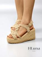 HLUNA - Sandalias de Cuña con Plataforma Beige Detalle de textil trenzado con Tira atada al pulsera - ht191 - details 2