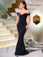 Vestido De Noche Elegante Con Cristales Y Lentejuelas off the Shoulder Para Mujer Vestido Bodycon De Largo Floor Length Para Fiesta Y Premios - details 7