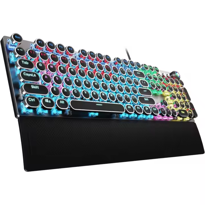 Teclas Redondas estilo punk retro Teclado mecánico para juegos estilo de descripción, interruptor Azul, reposamuñeca extrafable, Perilla de control multimedia, retroiluminación Arcoíris, Teclas - 1