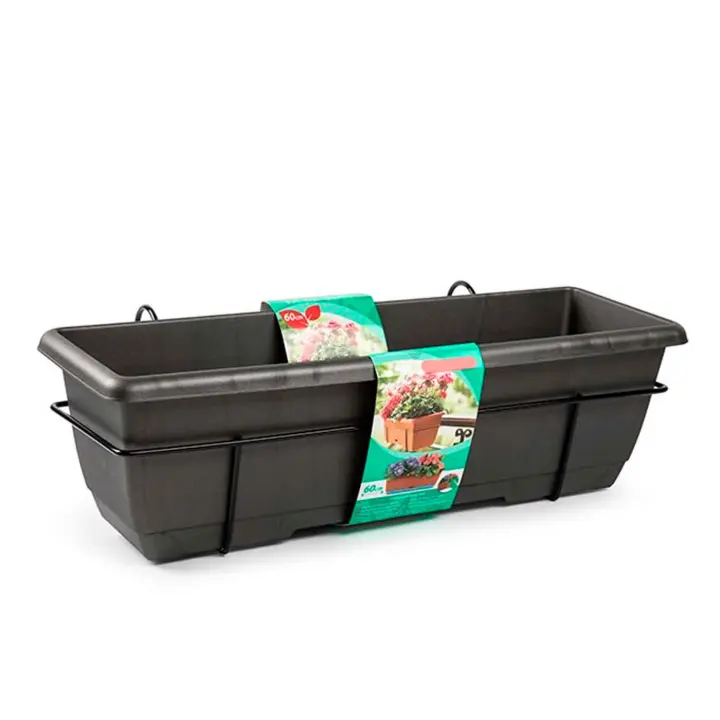 Tradineur - Jardinera para Balcón con Plato y Soporte Metálico - Modelo PLFT - 60 x 28 x 19,5 cm - Color Antracita - 1