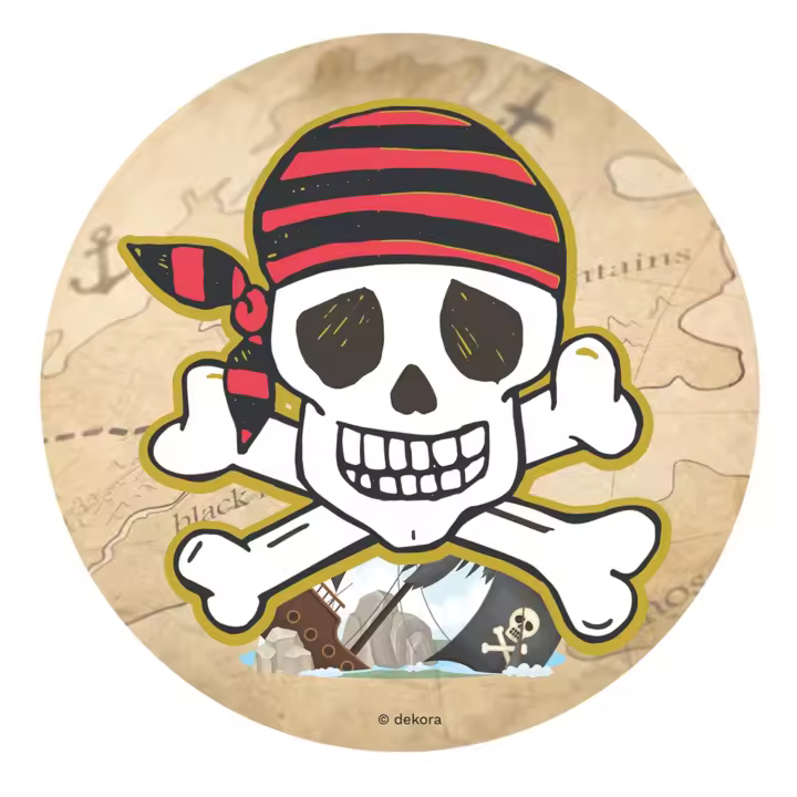 dekora - Oblea Comestible Piratas - Disco de 20 cm para Tartas, Pasteles y Postres - Sin Gluten, Sin Azúcar y Apta para Veganos - Decoración Infantil de Calavera para Cumpleaños - 1