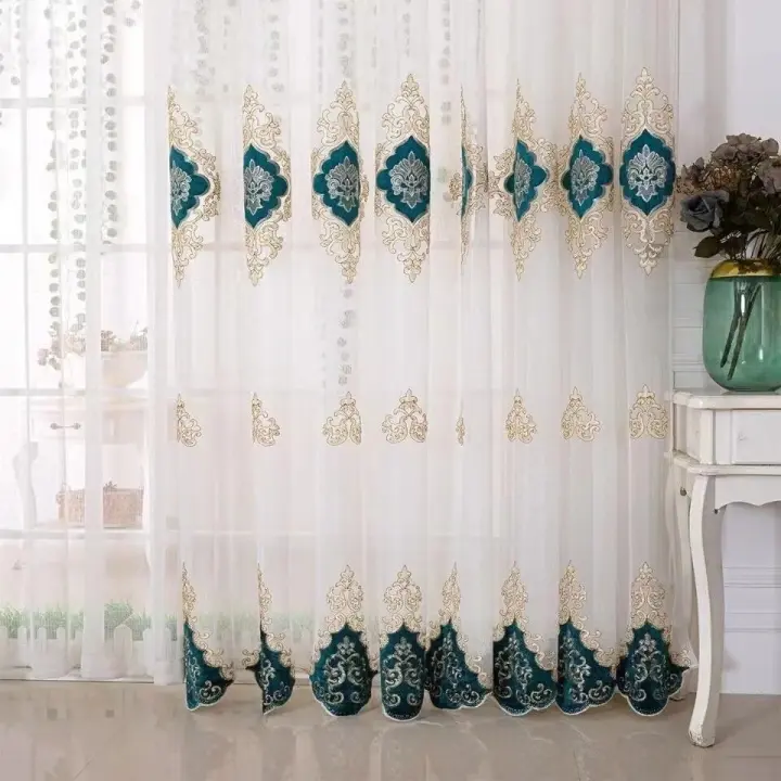 Cortina De Tules Bordadas De Paeonia Estilo Americano Elegante Para Sala De Estar Y Dormitorio Translúcida Con Capa De Poliéster - 1