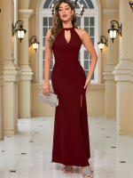 Vestido Elegante De Noche Para Mujer Con Abertura En El Brazo Y Cuello Alto Vestido Largo Para Cóctel De Polyester Y Spandex - details 5