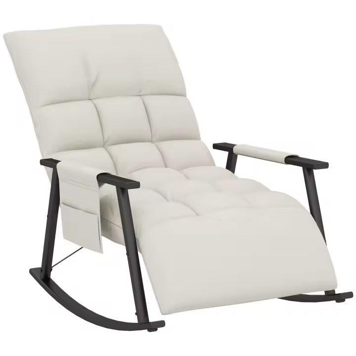 HOMCOM Silla Mecedora con Respaldo y Reposapiés Ajustables Mecedora de Salón Sillón Balancín Tapizado en Microfibra con Bolsillo para Dormitorio 60x134x70 cm Crema - 1
