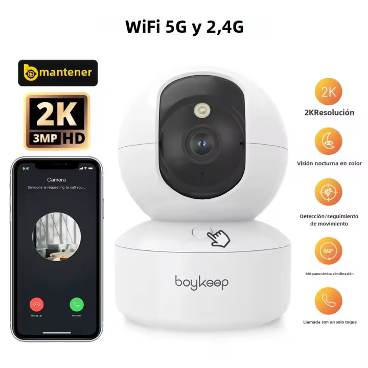 Cámara De Seguridad Para El Hogar Boykeep 2K Con Aplicación En Teléfono 5G/2.4GHz WiFi Visión Nocturna Audio Bidireccional 360° Pan Y Punto Cámara Para Perros Y Bebés - 1