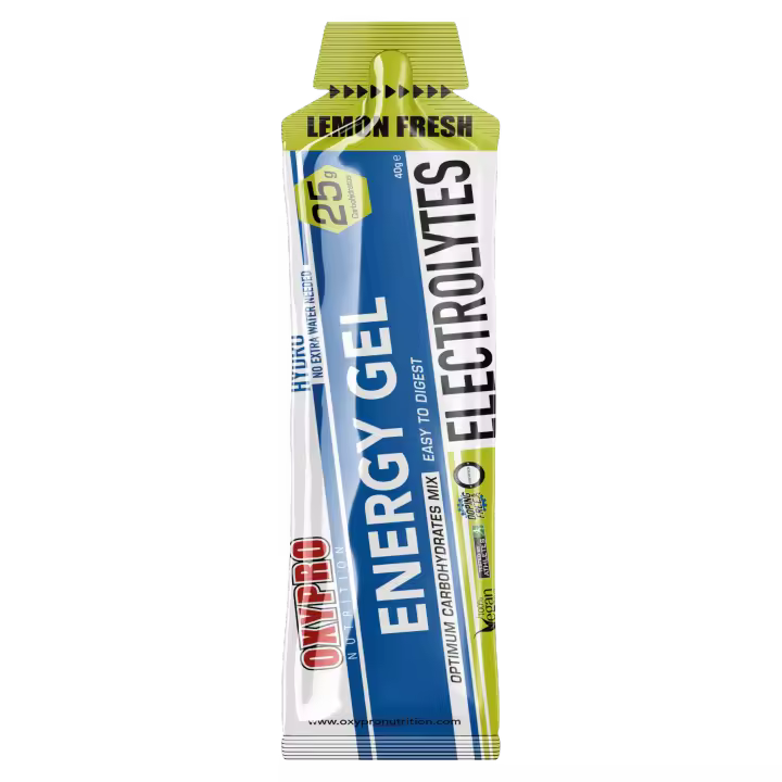 OXYPRO® Nutrition - ENERGY GEL sabor Lemon Fresh con PLUS ELEXTROLITOS - 25,2g CH - 100% HYDRO - No extra water needed - Suitable for Vegans - 1