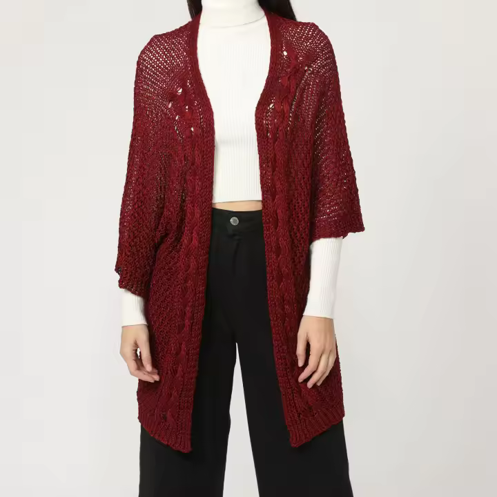 Chaqueta mujer punto calado cardigan abierto sin cierre manga larga cuello redondo estilo casual Burdeos talla única cómodo versátil primavera otoño outfit ideal capas suaves ligero ✅Entrega 24/48h - 1