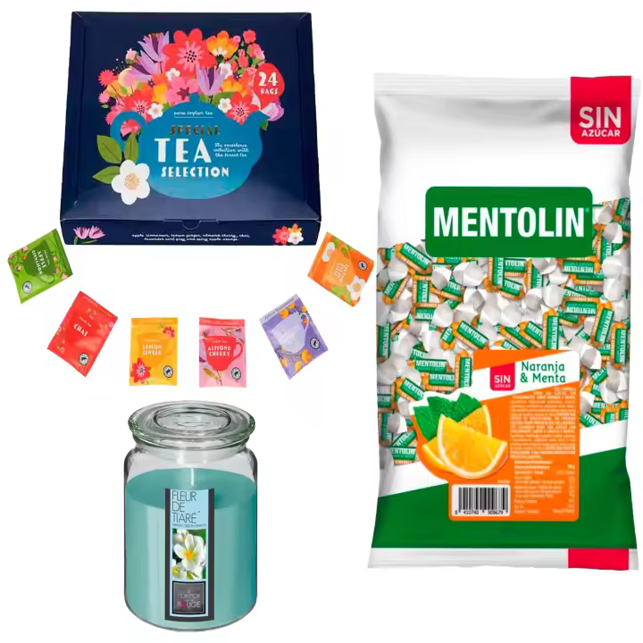 Lote respira: MENTOLIN NARANJA S/A BOLSA 1KG + Vela perfumada con flor tiare + Set de Te con 24 bolsitas con diferentes sabores y aromas - 1