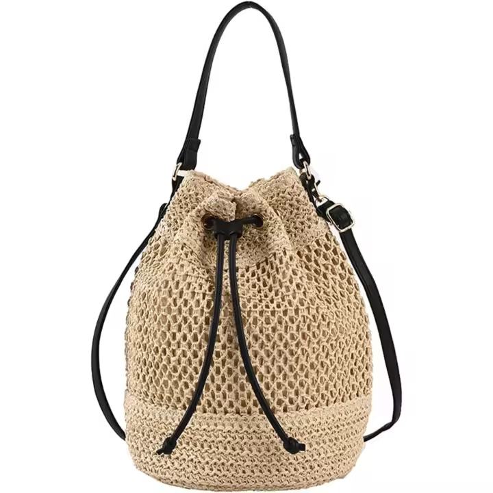 Bolsa de paja para Mujer, Bolsa de Playa Tejida de Verano con Cordón de Cordón, Bolso de Mano para Vacaciones - 1