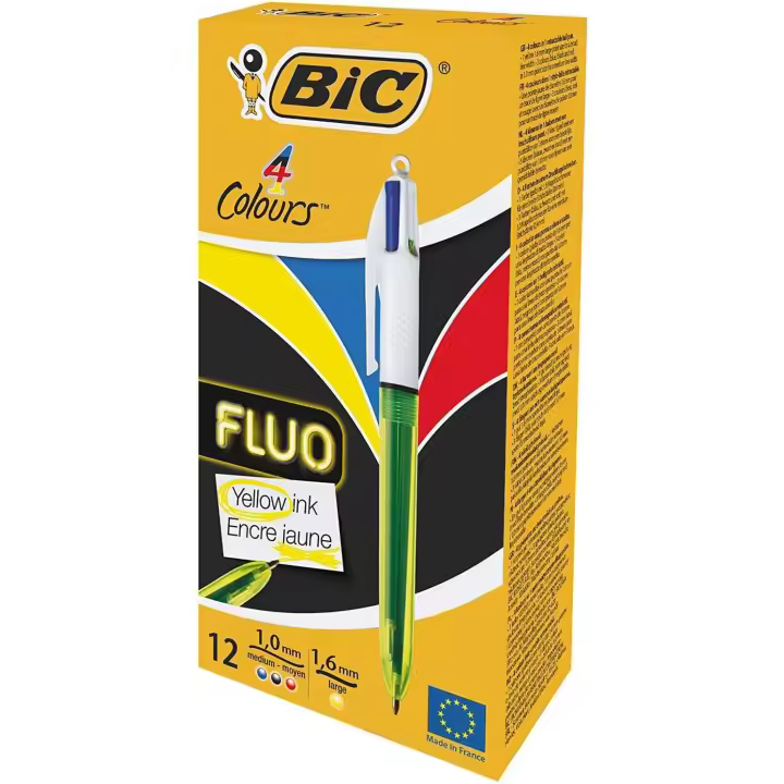 BIC 4 Colores Neon Bolígrafos Punta Media (1,0 mm) Tinta Negra, Azul, Rojo y Amarillo Fluorescente, (Caja de 12 Uds.) - 1