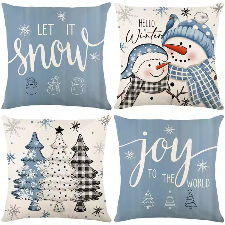 4 fundas de almohada de Navidad de Lino Moderna, Diseño de Muñeco de Niña y citas Festivas, cerre de Cremallera, lavable a Máquina, Fundas de juguete - 1