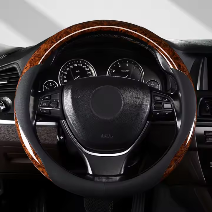 Cubierta De Volante De Cuero Microfibra Con Patrón De Madera Universal Ajuste Para 14.5-15 Pulgadas Durable Antideslizante Diseño De Venas - 1