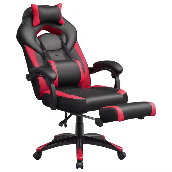 SONGMICS Silla Gaming, Silla de Oficina, para Carreras, con reposapiés, Diseño ergonómico, Reposacabezas Ajustable, Soporte Lumbar, 150 kg de Capacidad de Carga, Gris y Negro/Negro/Azul y Negro/Rojo y Negro - 1