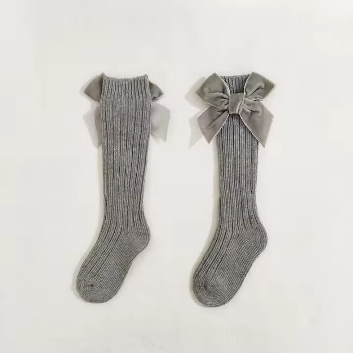 Calcetines De Pierna Alta Para Bebés Niñas Otoño Invierno Algodón Con Gran Lazo Calcetines Calientes Solids Para Niñas De 0 a 5 Años - 1