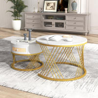 Mesa de Centro Redonda 2 en 1 de MDF con tapa de mármol y Mesa Auxiliar Con Cajones de plástico, Tiradores de Madera maciza. Pata de Hierro Dorado. 70*70*45,5 + 50*50*38,5 cm - details 1
