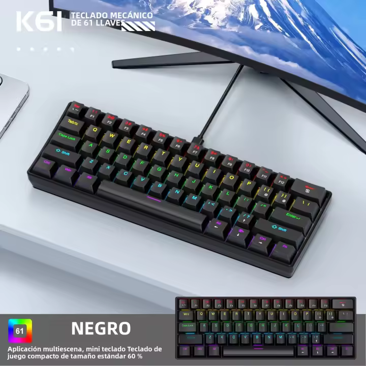 Teclado Mecánico Portátil De 60% APAYADO K61 Con Cable 61 Teclas RGB Phantom Negro Blanco Rojo Switch Rojo/Ácido Para Escritorio Portátil Tablet - 1