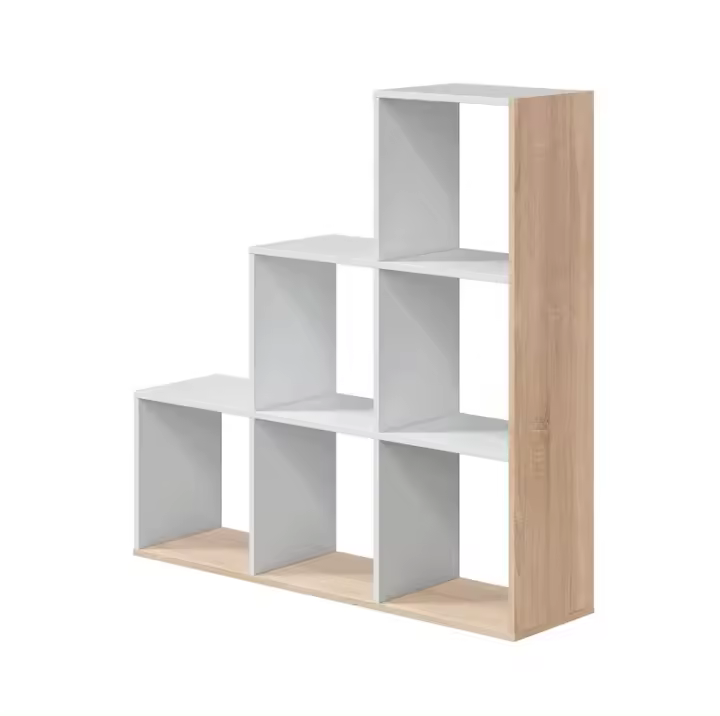 Meimon Estantería STEP 110x108x28 cm en tablero de partículas melaminizado TIPO E1, cantos PVC y melamínicos, color Blanco Ark y Roble Canadian, 6 huecos, tacos ABS antirayaduras, uso decorativo o como separador de ambientes, soporta hasta 20 kg. - 1