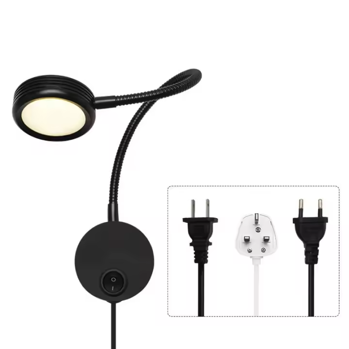 Lámpara de lectura LED de pared con cuello de cisne flexible, 5 W, luz blanca cálida de 3000 K, con interruptor, color negro - 1