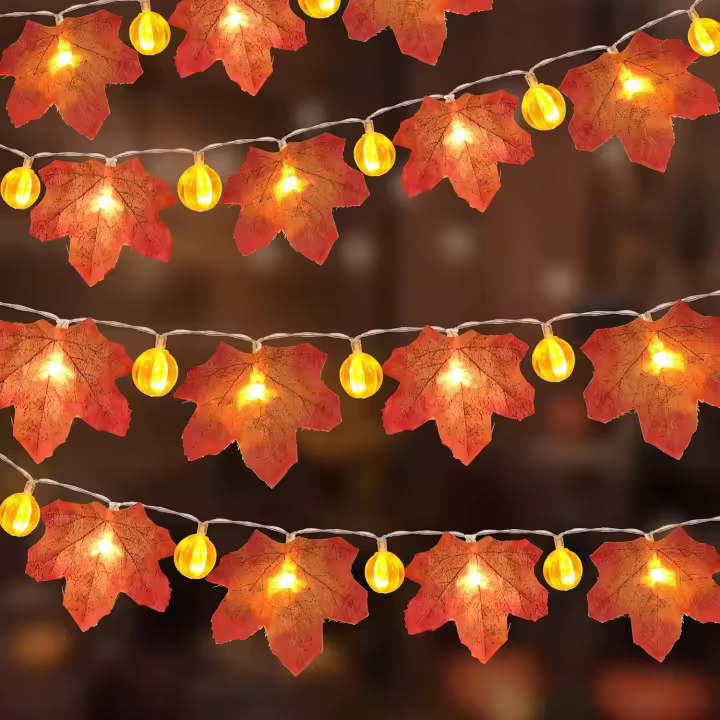 Guirnalda de luces de hoja de arce con calabaza para Acción de Gracias, guirnalda de luces de arce, decoraciones de otoño y Halloween, guirnalda de 20 LED a batería de 3 m - 1