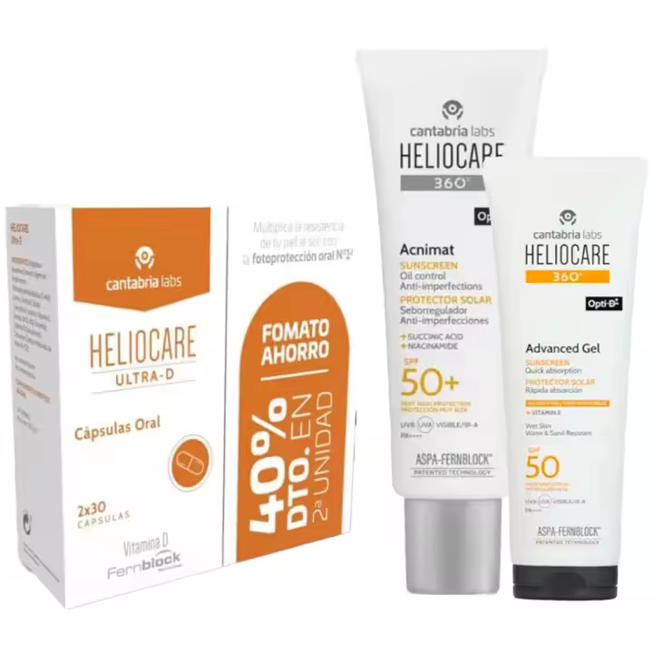 Heliocare 360º Spf 50+ Acnimat Protector Solar 1 Envase 50 ml + Cantabria Heliocare Advance Spf50 Gel 250 ml + Regalo Heliocare Ultra D 30 Cápsulas Duplo - 1
